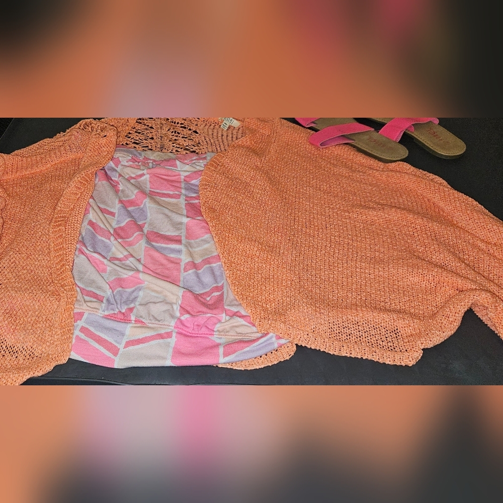 Orange Knit Sweater with Pink and Gray Patterned Top